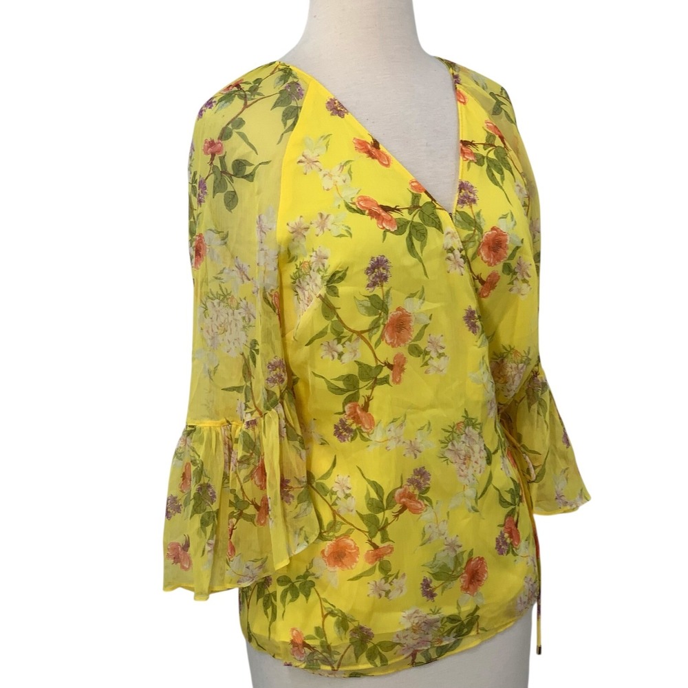 Lauren Ralph Lauren Blouse Women's Floral Wrap Georgette Side Tie Yellow Size‎ S - Picture 3 of 8